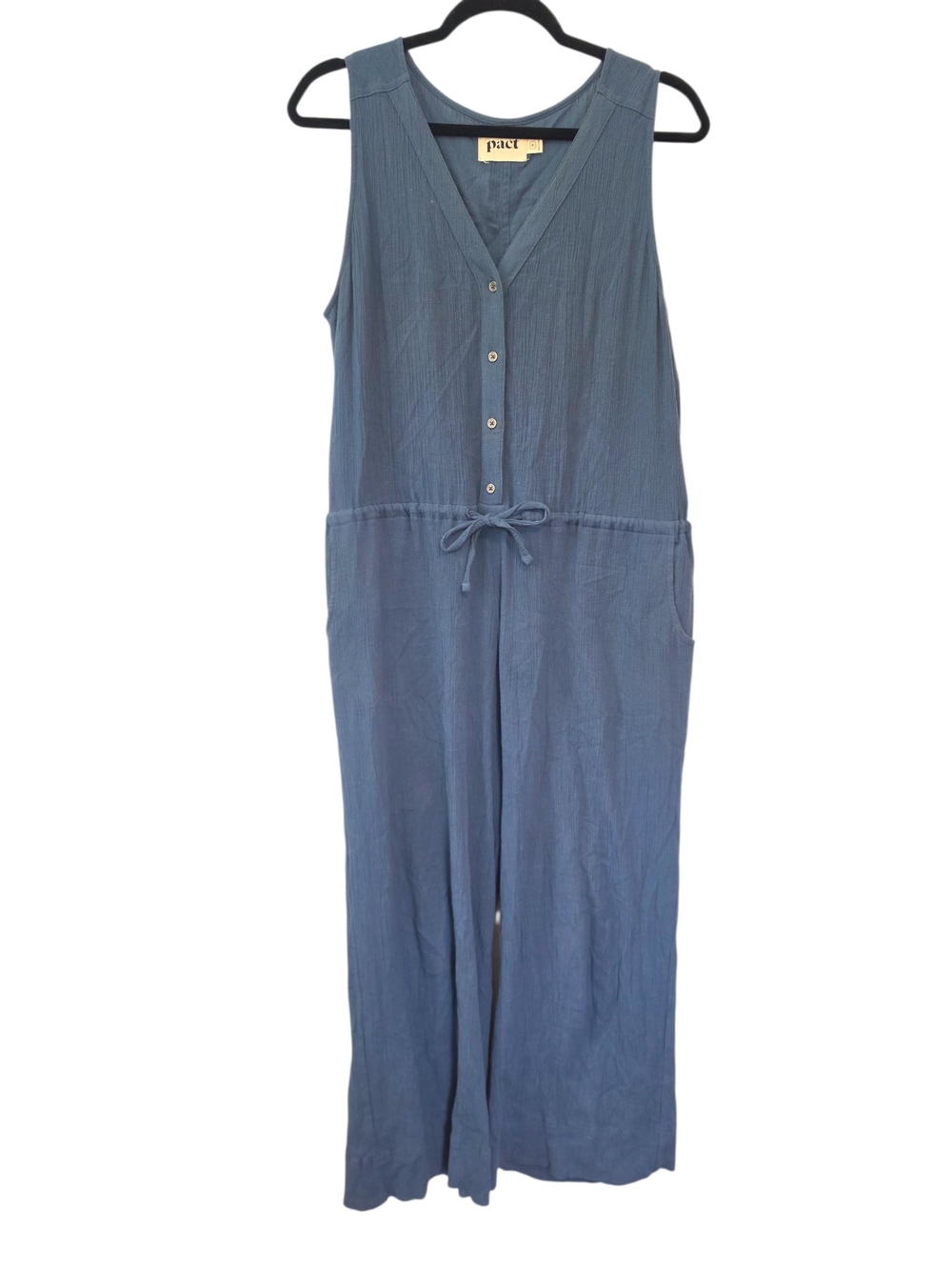Pact Sleeveless Button-Front Jumpsuit in Dusty Blue Size Medium Organic Cotton